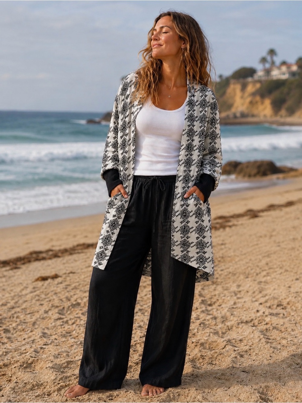 White House Black Market Cotton Wool Blend Geometric Open Cardigan